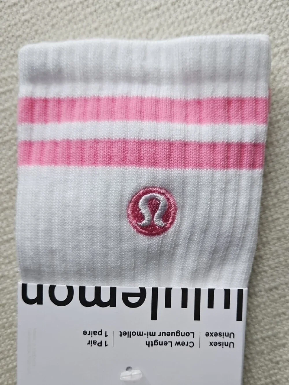 lululemon athletica White Crew Socks with Pink Stripe and Logo